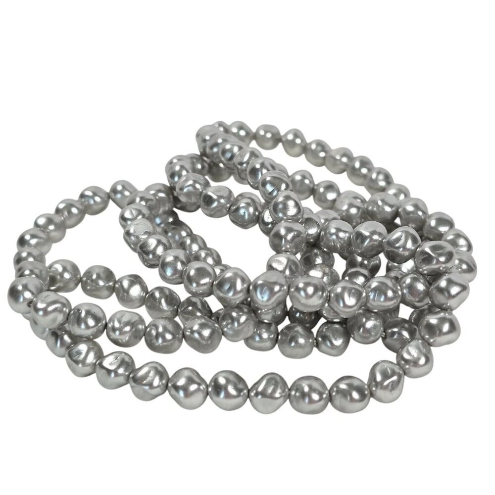 Faux Baroque Pearl Beaded Necklace Long Vintage Silver Gray UV Reactive 36 Inch